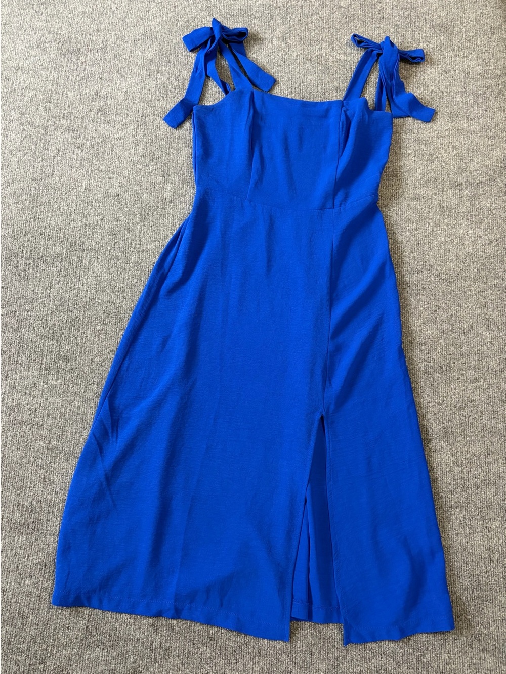 Monteau Los Angeles Dress Womens M Blue Tie Shoulder Smocked Midi Sundress